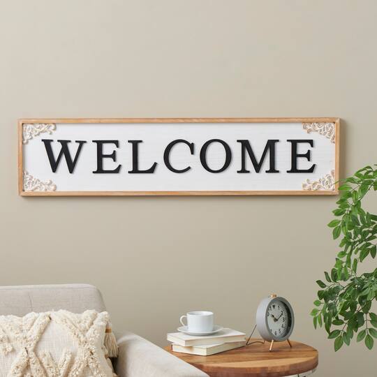 46" x 11" White with Scroll Details Wooden Welcome Sign Wall Décor